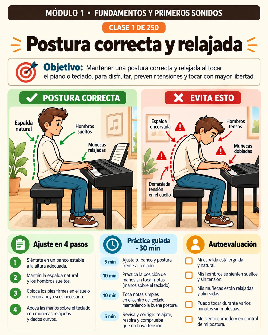 Clase ilustrada sobre postura correcta frente al teclado