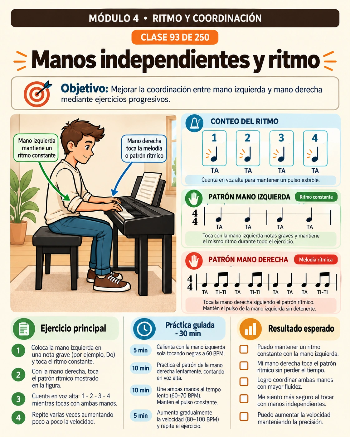 Clase ilustrada sobre coordinación de manos y ritmo