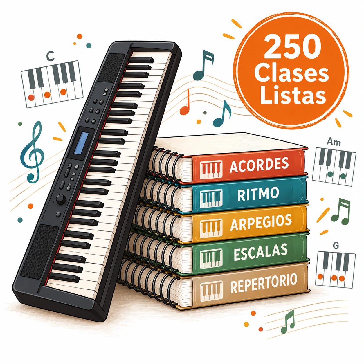 Ilustración del pack de 250 clases listas con teclado, cuadernos y categorías del contenido
