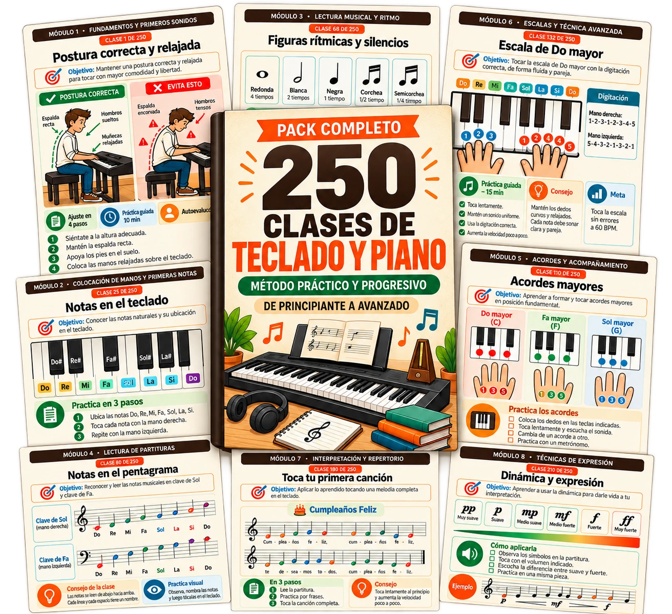 Mockup transparente do pack completo de 250 clases de teclado y piano rodeado de páginas internas