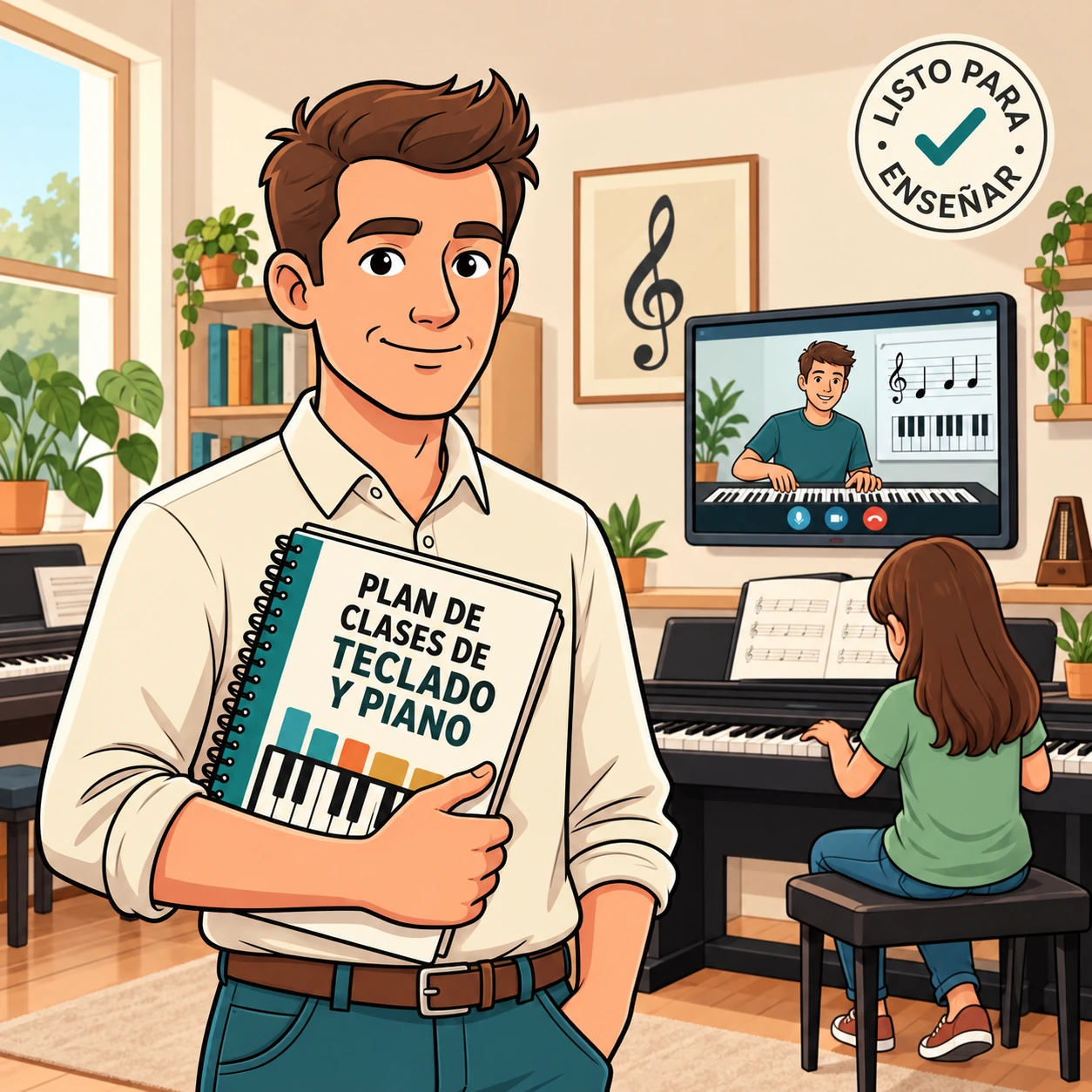Profesor con su plan de clases de teclado y piano en un estudio musical